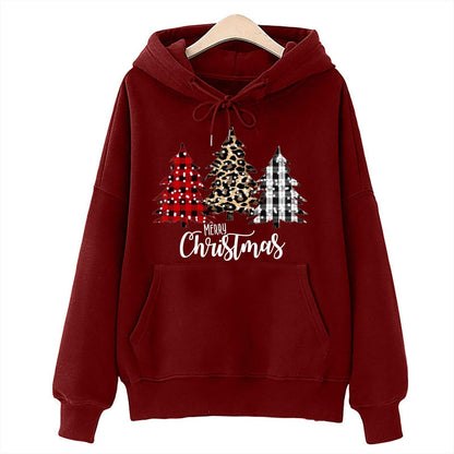 Christmas Hoodies for Women Christmas Decorations Leopard Print Pullover Casual Loose Long Sleeve Drawstring Pocket Top Red