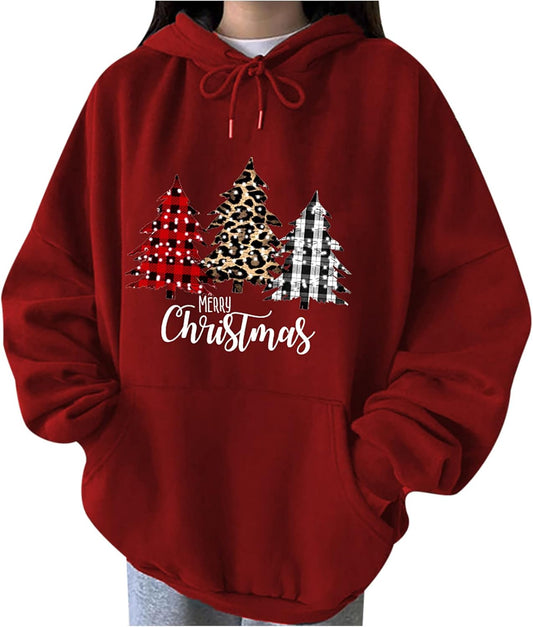 Christmas Hoodies for Women Christmas Decorations Leopard Print Pullover Casual Loose Long Sleeve Drawstring Pocket Top Red