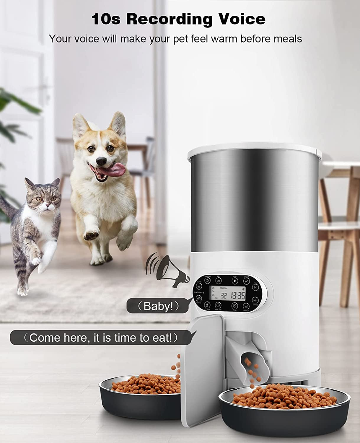 Automatic Cat Feeders, 304 Stainless Steel Timed Cat Food Dispenser for 2 Cats & Small Dog, 4.5L Pet Feeder with 2-Way Splitter, 1-4 Meals Portion Control,10S Voice Recorder, Dual Power Supply Pet's Supplies |