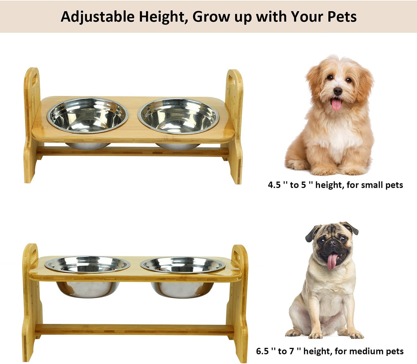 Raised Pet Bowls for Cats and Dogs, Bamboo Adjustable Tilted Elevated Dog Cat Food and Water Bowls Stand Feeder with 2 Stainless Steel Bowls and anti Slip Feet - Adjusts to 4 Heights Pet's Supplies |