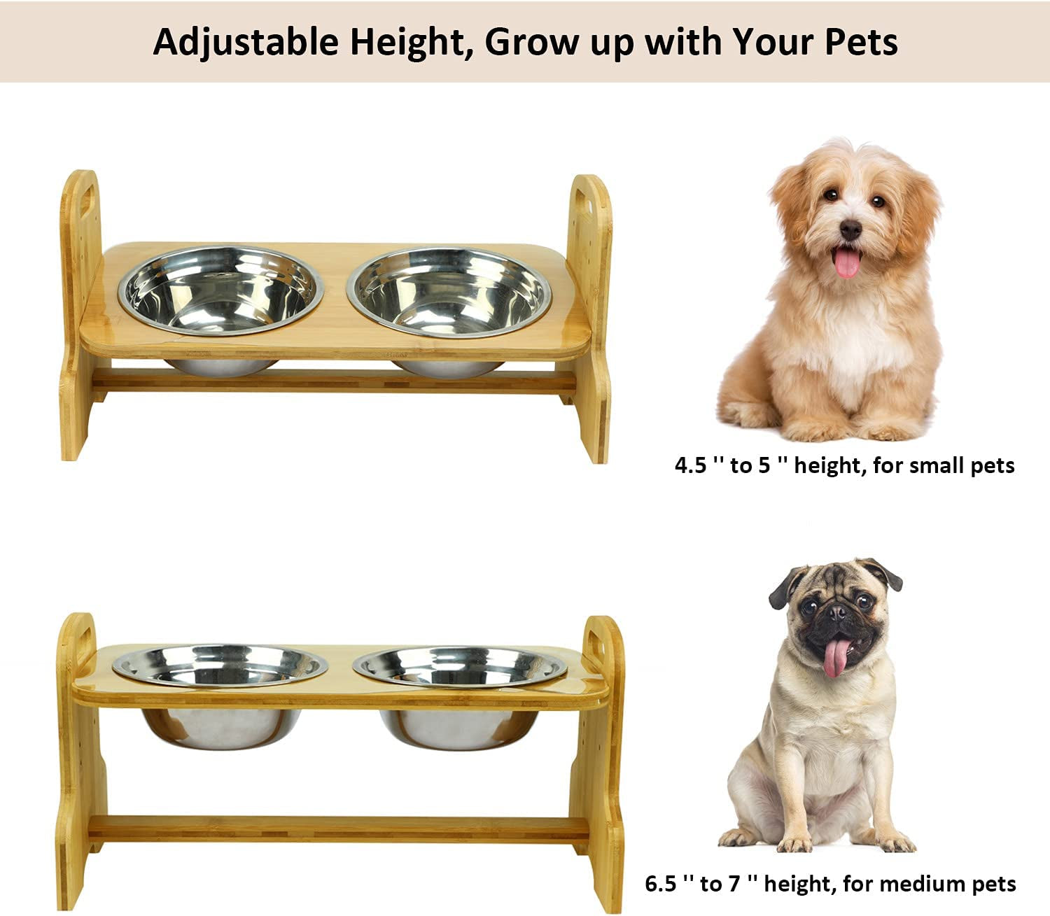 Raised Pet Bowls for Cats and Dogs, Bamboo Adjustable Tilted Elevated Dog Cat Food and Water Bowls Stand Feeder with 2 Stainless Steel Bowls and anti Slip Feet - Adjusts to 4 Heights Pet's Supplies |