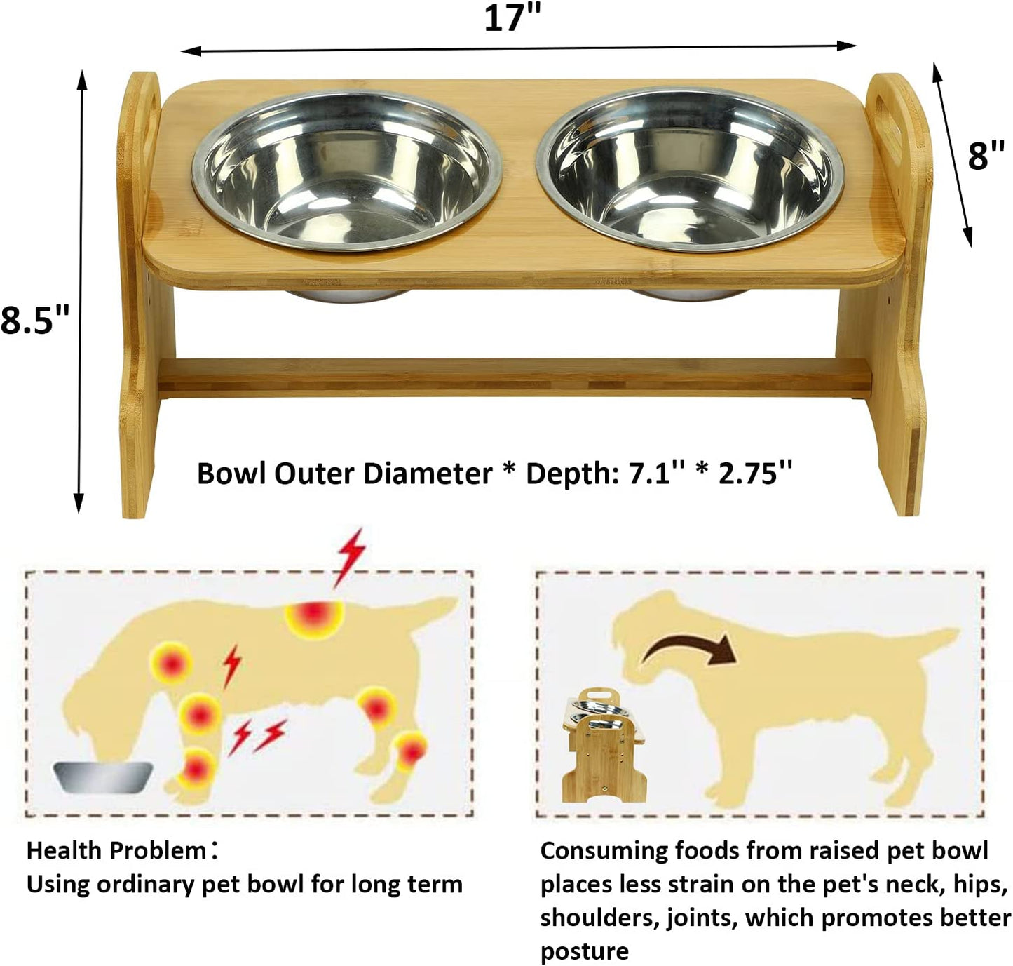 Raised Pet Bowls for Cats and Dogs, Bamboo Adjustable Tilted Elevated Dog Cat Food and Water Bowls Stand Feeder with 2 Stainless Steel Bowls and anti Slip Feet - Adjusts to 4 Heights Pet's Supplies |