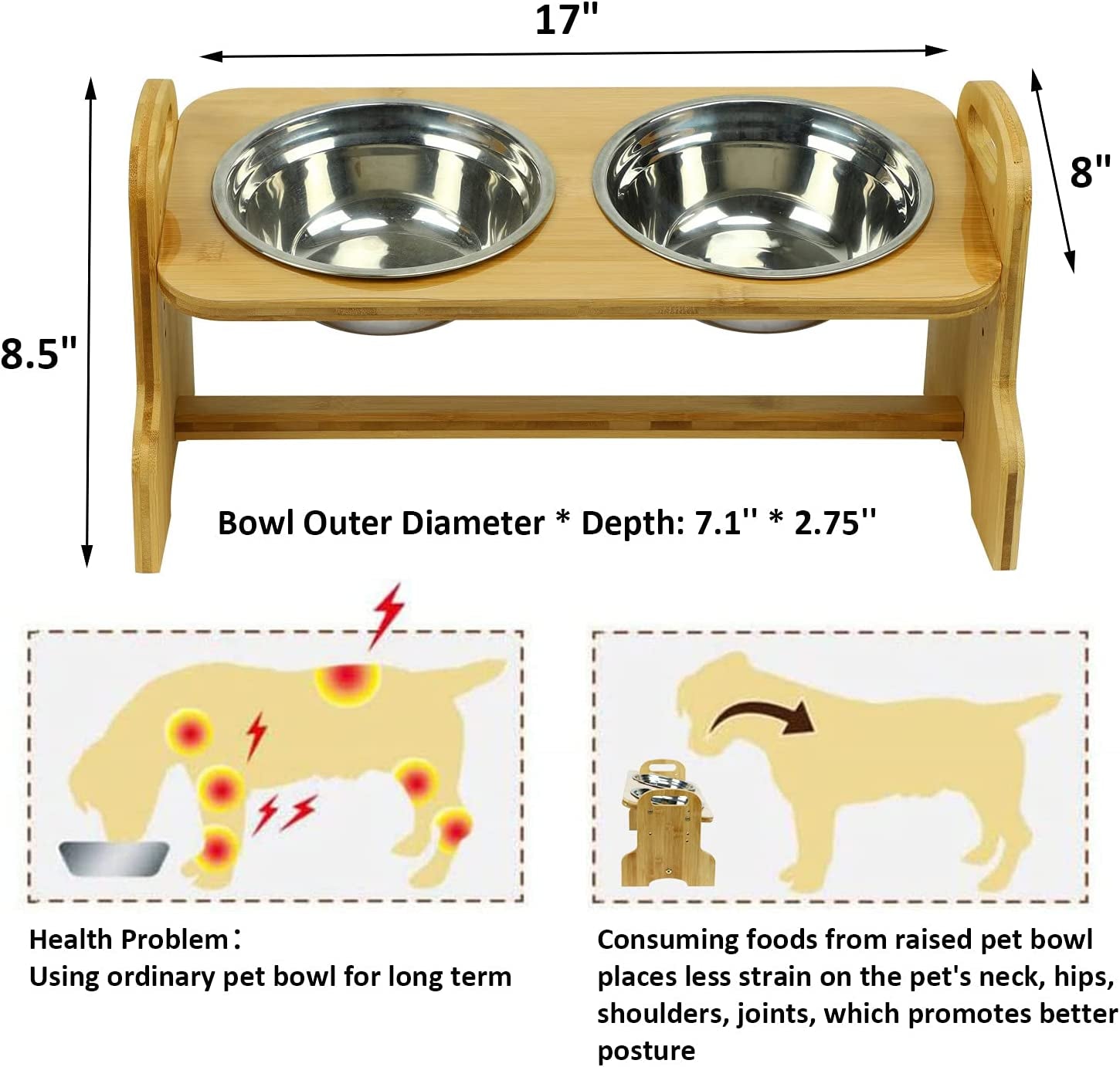 Raised Pet Bowls for Cats and Dogs, Bamboo Adjustable Tilted Elevated Dog Cat Food and Water Bowls Stand Feeder with 2 Stainless Steel Bowls and anti Slip Feet - Adjusts to 4 Heights Pet's Supplies |