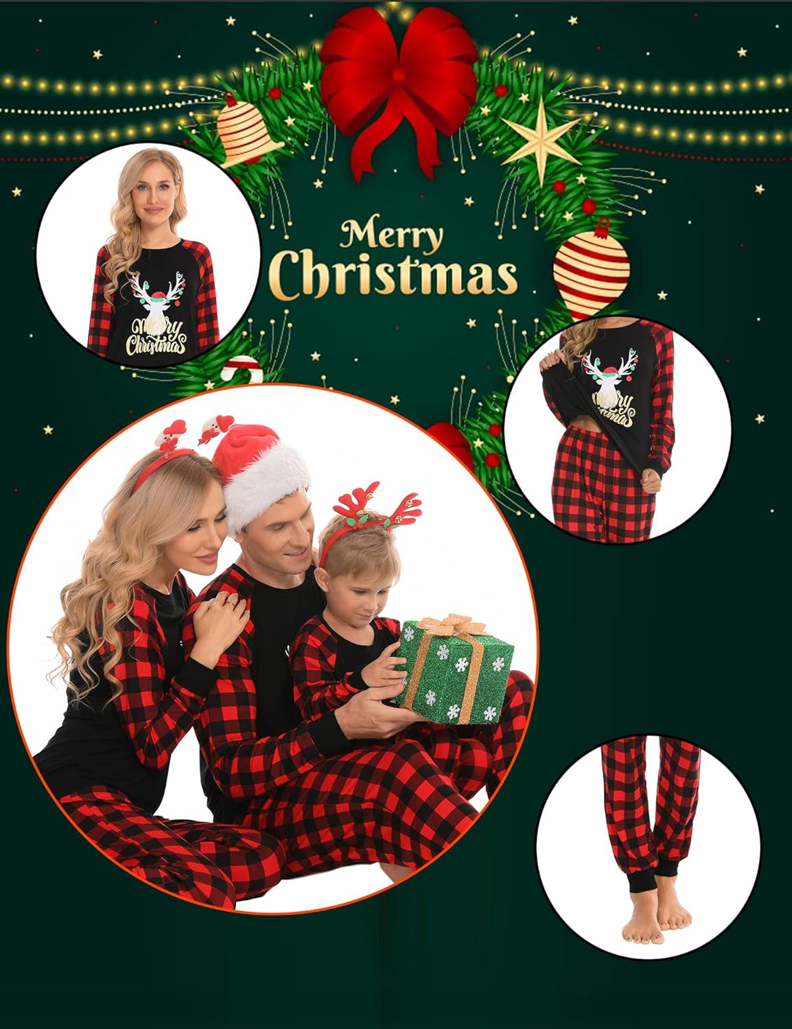 Christmas Matching Couple Pajamas Sets Family Xmas Jammies Casual Long-Sleeve Sleepwear Sets Festival PJ Set