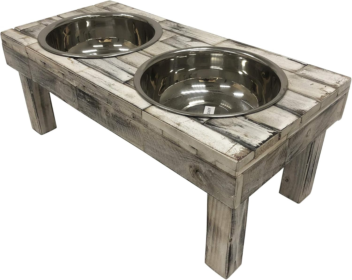 Pet Berjen Table Elevated Double Bowl Feeder, White Wash (Large) Pet's Supplies |