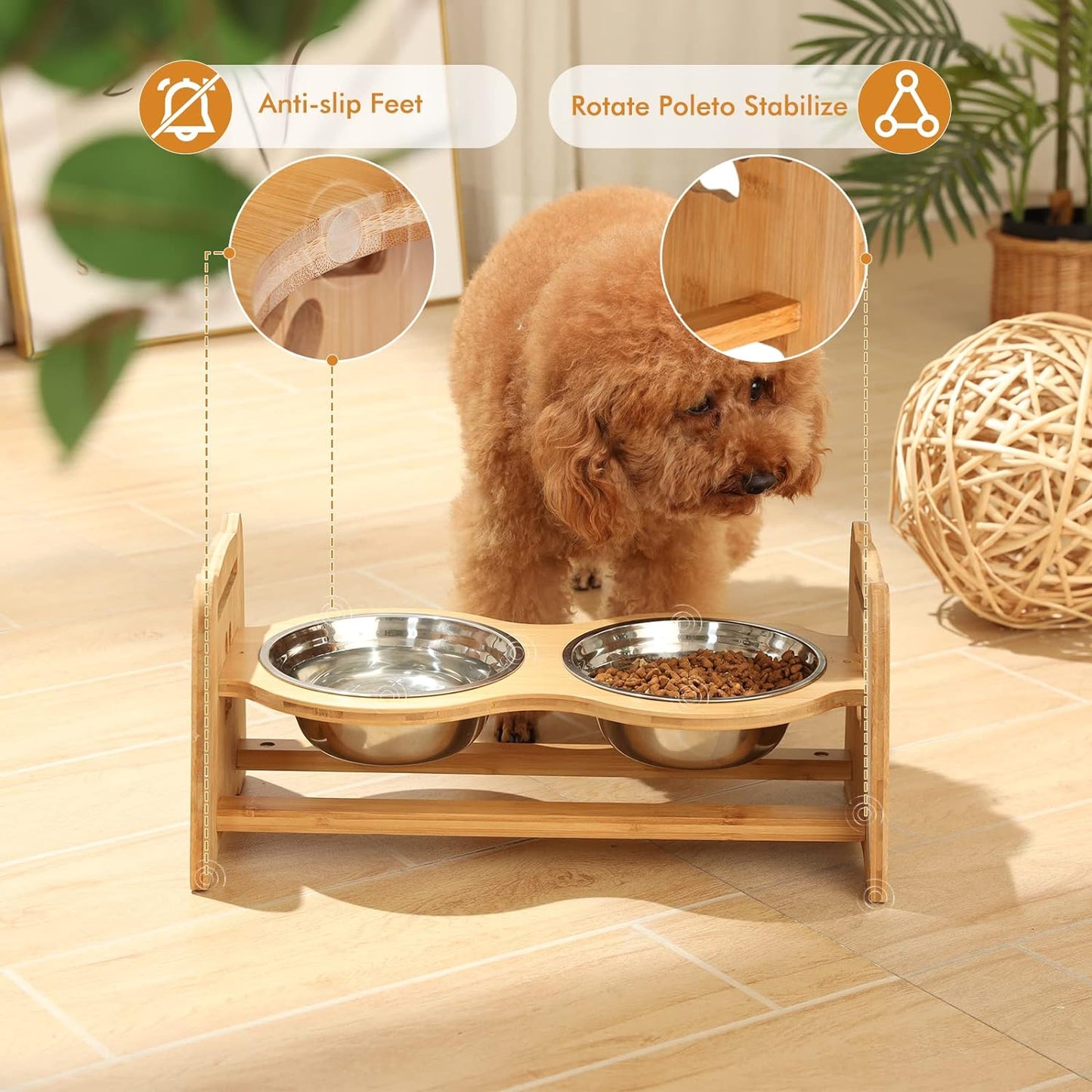 Elevated Dog Bowls for Cats and Dogs, Adjustable Bamboo Raised Dog Bowls for Medium Dog, Food and Water Set Stand Feeder with 2 Stainless Steel Bowls and anti Slip Feet (Height 4.7" to 7") Pet's Supplies |