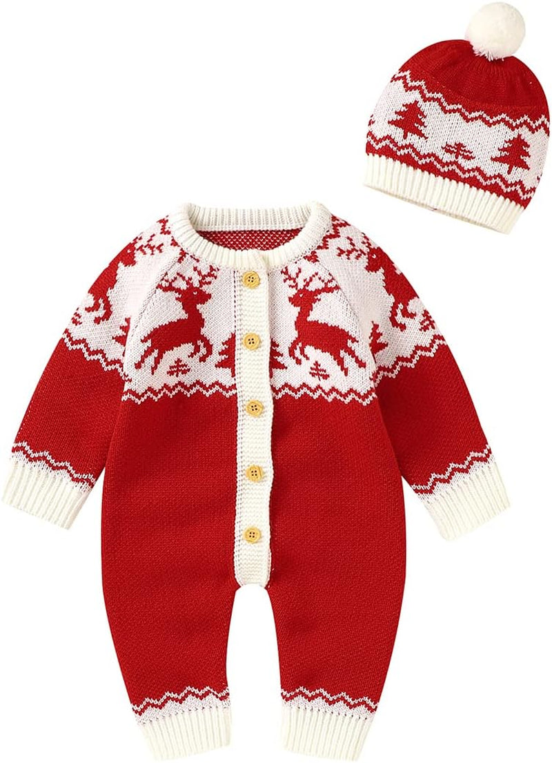 Baby Christmas Sweater Toddler Reindeer Jumpsuit 0-18 Months Baby Girl Christmas Outfit Baby Boy Clothes with Hat (Red, 0-3 Months)