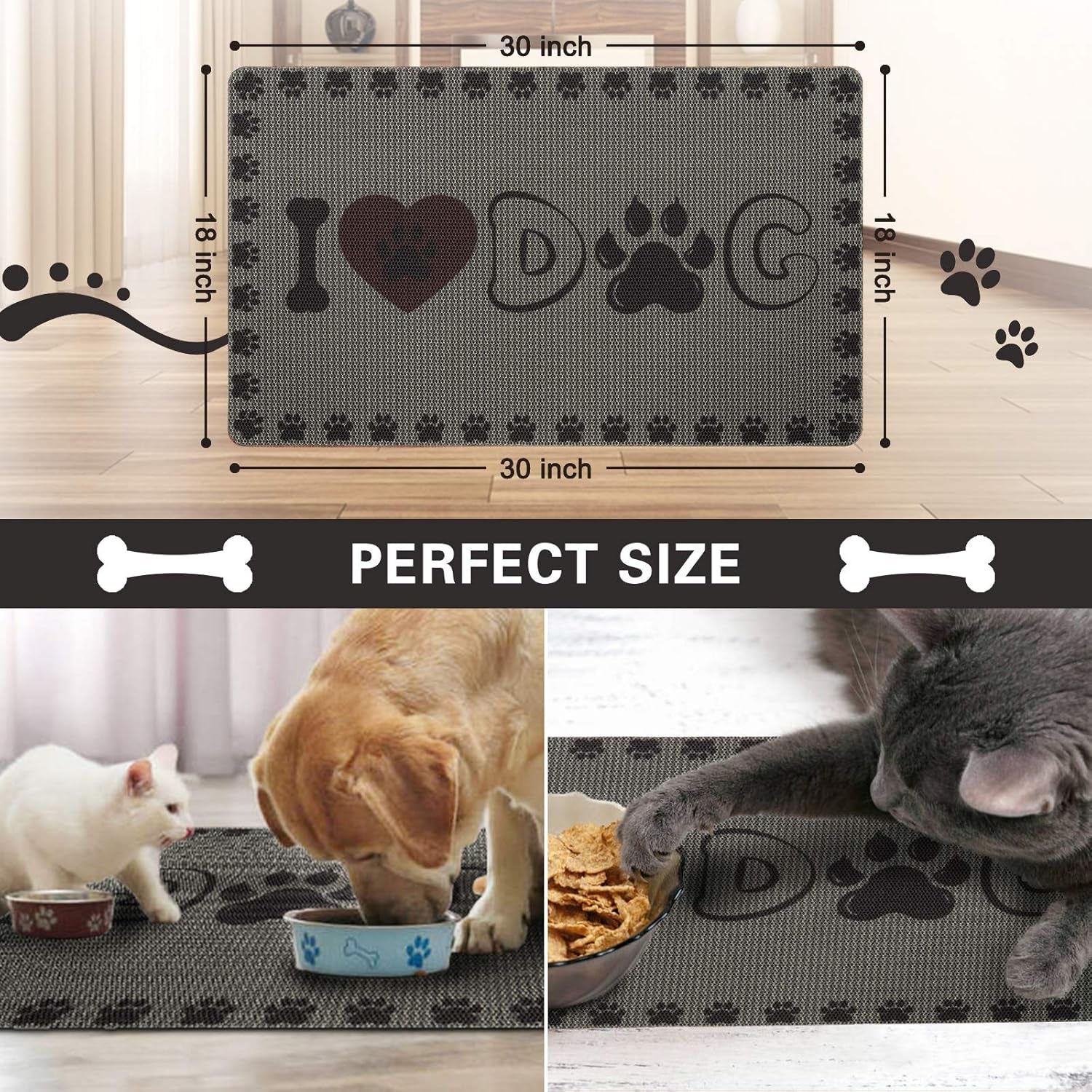 Dog and Cat Food Mat Washable Dog Mat for Food and Water Non Slip Pet Food Bowl Mat, I Love Dog, 18"X30", Grey Pet's Supplies |