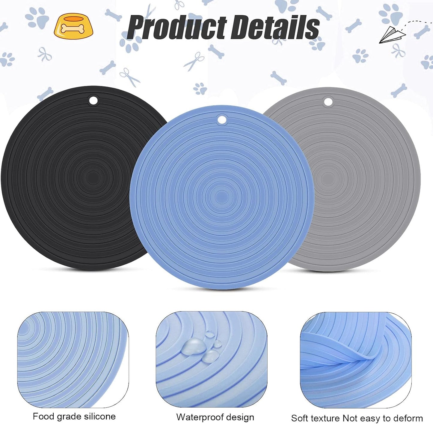 3 Pieces Silicone Pet Food Mat Pet Feeding Mat for Dog and Cat Food Bowl Place-Mat Preventing Food and Water Overflow Suitable for Medium and Small Pet (Blue, Gray, Black, 9.5 Inch)