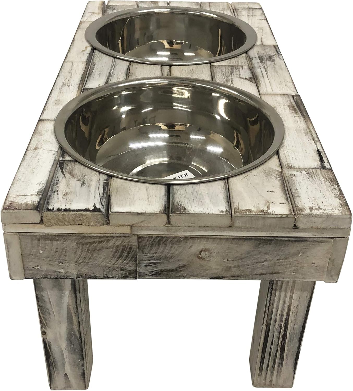 Pet Berjen Table Elevated Double Bowl Feeder, White Wash (Large) Pet's Supplies |