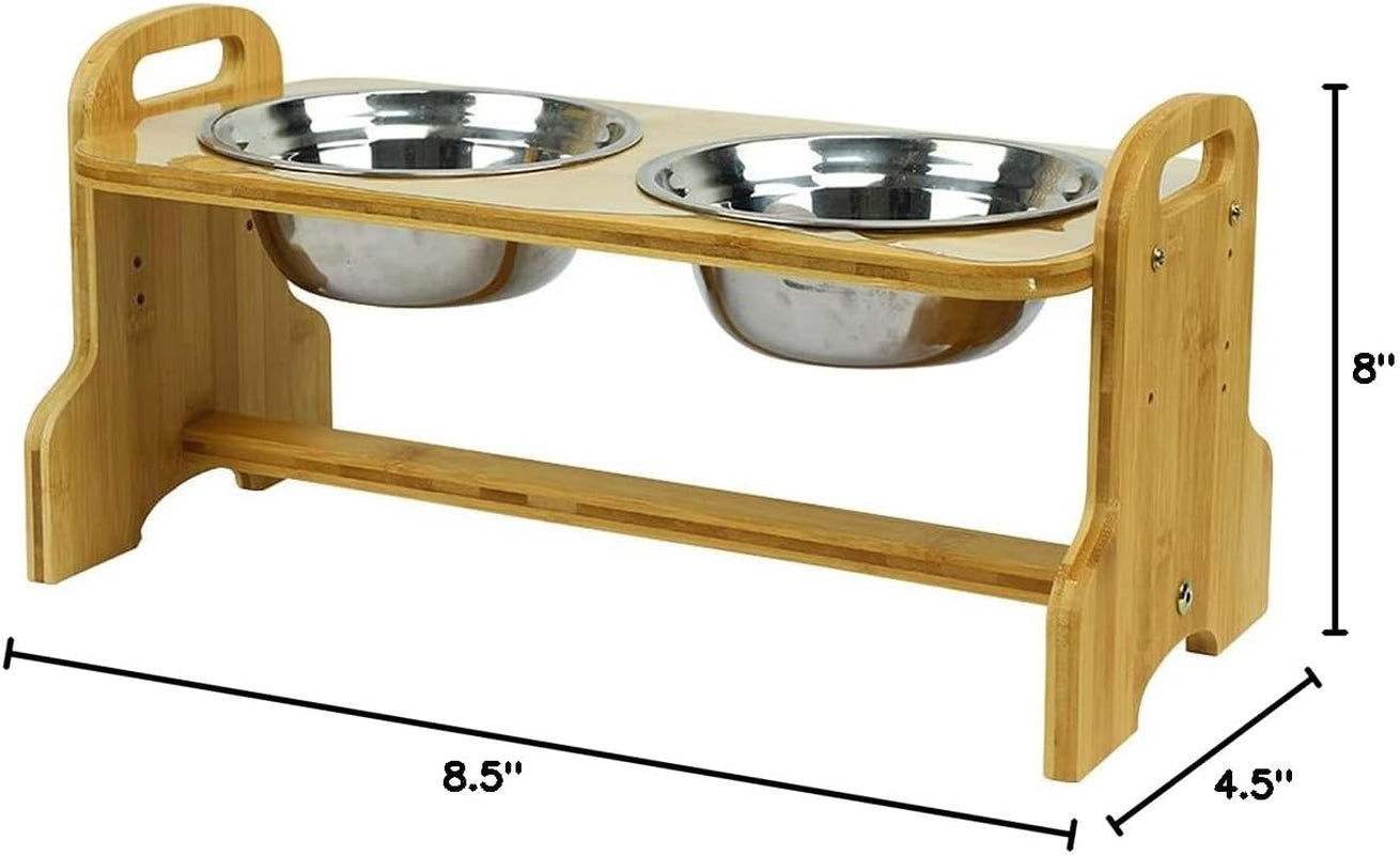 Raised Pet Bowls for Cats and Dogs, Bamboo Adjustable Tilted Elevated Dog Cat Food and Water Bowls Stand Feeder with 2 Stainless Steel Bowls and anti Slip Feet - Adjusts to 4 Heights Pet's Supplies |