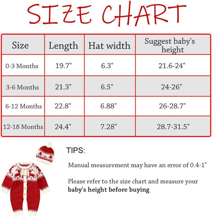 Baby Christmas Sweater Toddler Reindeer Jumpsuit 0-18 Months Baby Girl Christmas Outfit Baby Boy Clothes with Hat (Red, 0-3 Months)