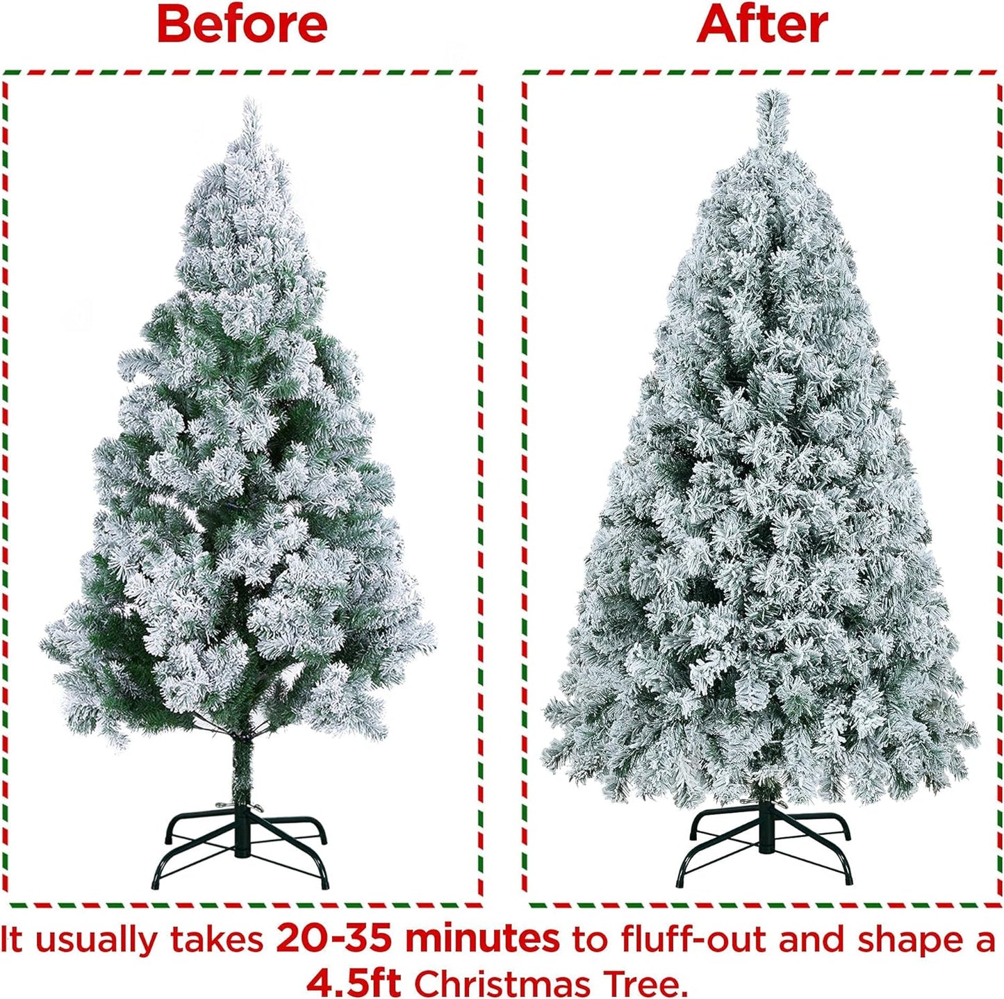 4.5Ft Pre-Lit Artificial Christmas Tree with Incandescent Warm White Lights, Snow Flocked Full Prelighted Xmas Tree W/340 Branch Tips, 150 Incandescent Lights & Foldable Stand, Green & White Pet's Supplies |