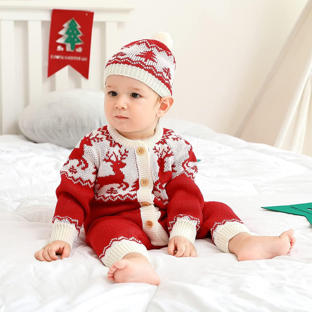 Baby Christmas Sweater Toddler Reindeer Jumpsuit 0-18 Months Baby Girl Christmas Outfit Baby Boy Clothes with Hat (Red, 0-3 Months)