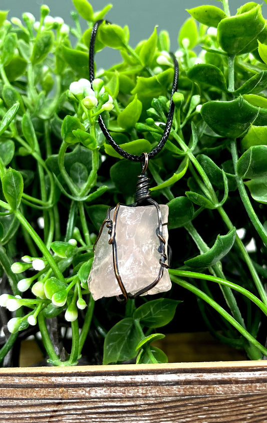 Wire Wrapped Rough Rose Quartz Chunk Gemstone Pendant