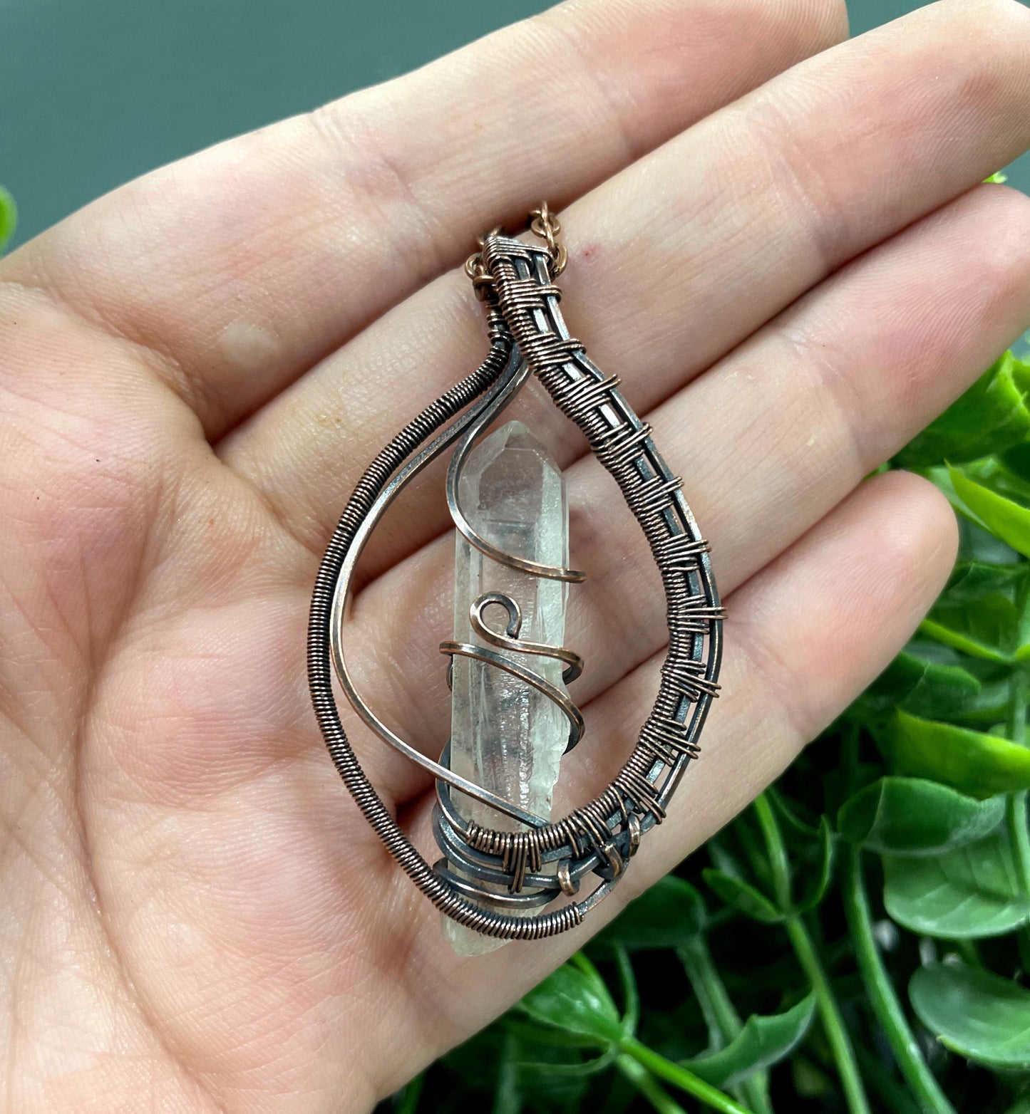 Wire Wrapped Quartz Crystal Gemstone Pendant, Woven Frame Candle