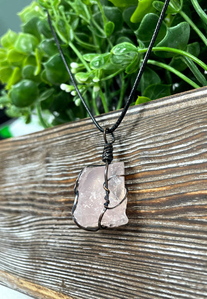 Wire Wrapped Rough Rose Quartz Chunk Gemstone Pendant