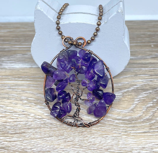 Wire Wrapped Tree of Life Pendant with Amethyst Gemstones