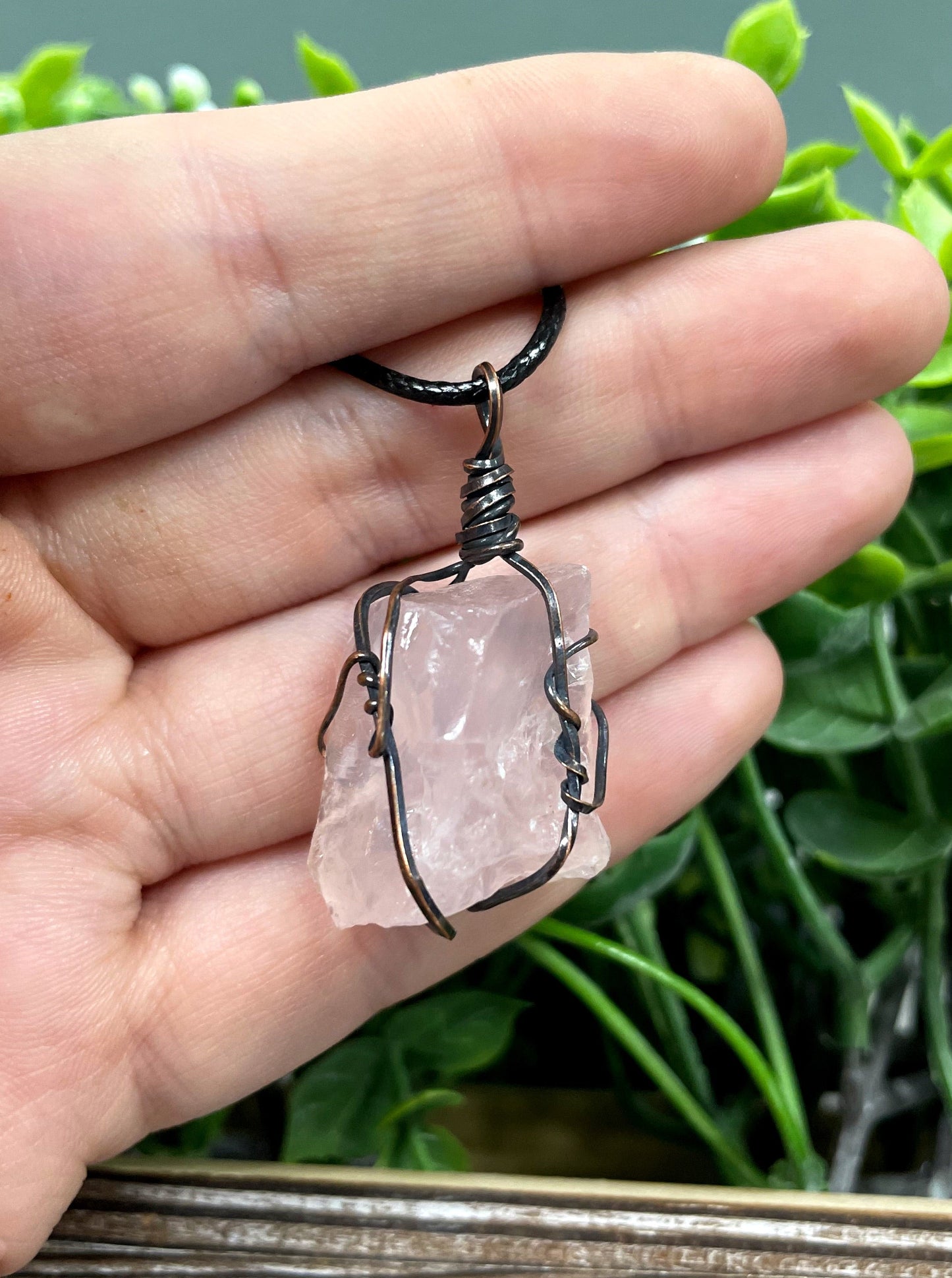 Wire Wrapped Rough Rose Quartz Chunk Gemstone Pendant