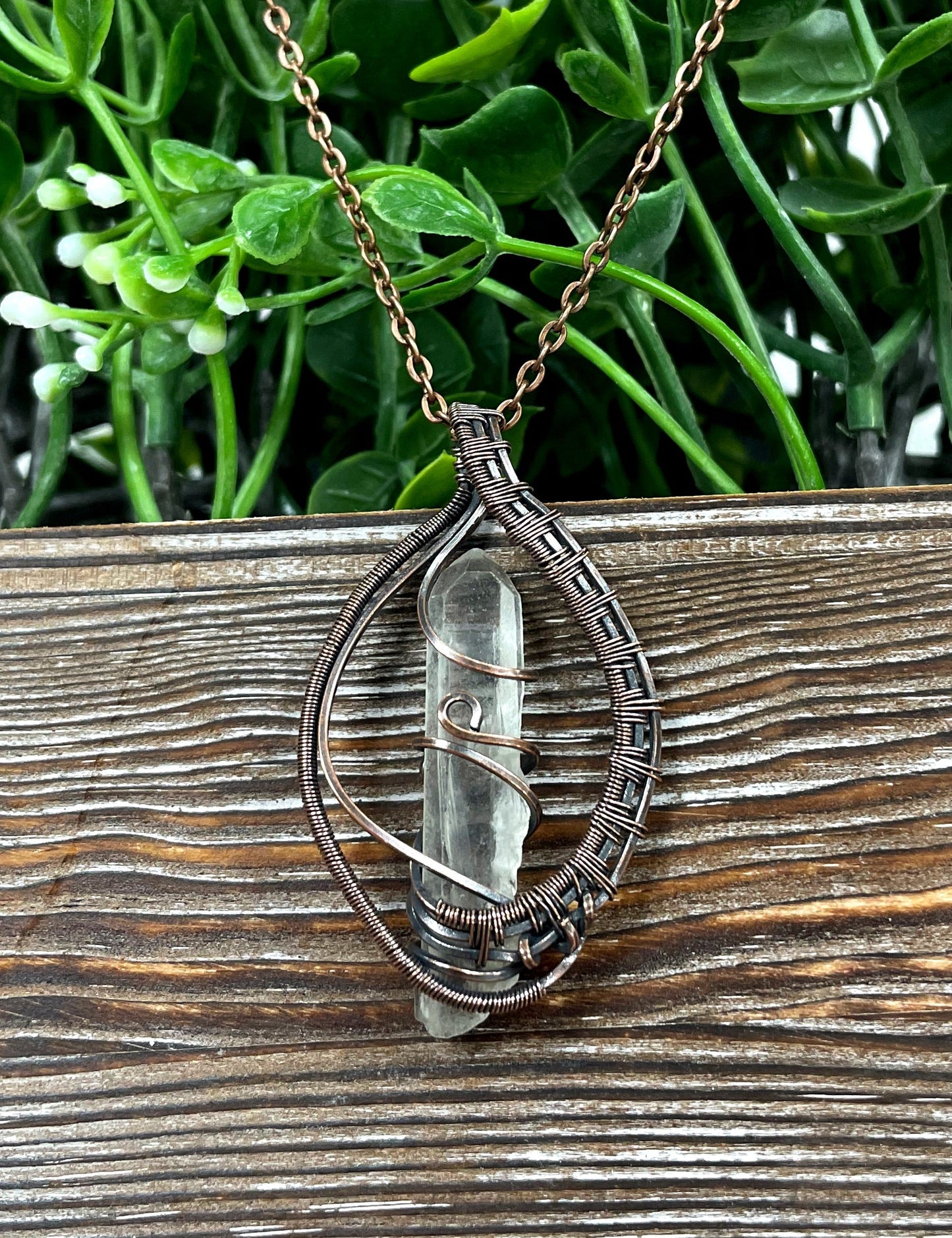 Wire Wrapped Quartz Crystal Gemstone Pendant, Woven Frame Candle