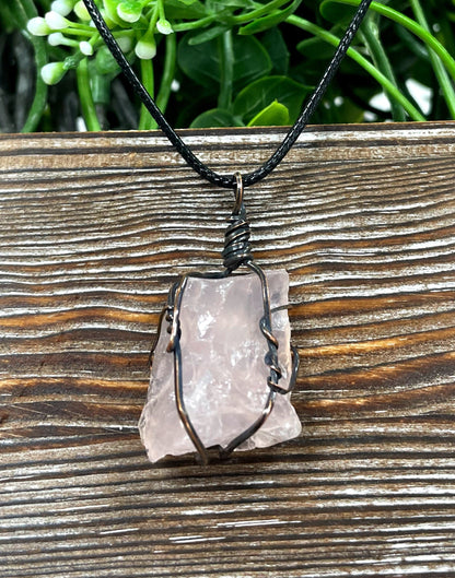 Wire Wrapped Rough Rose Quartz Chunk Gemstone Pendant