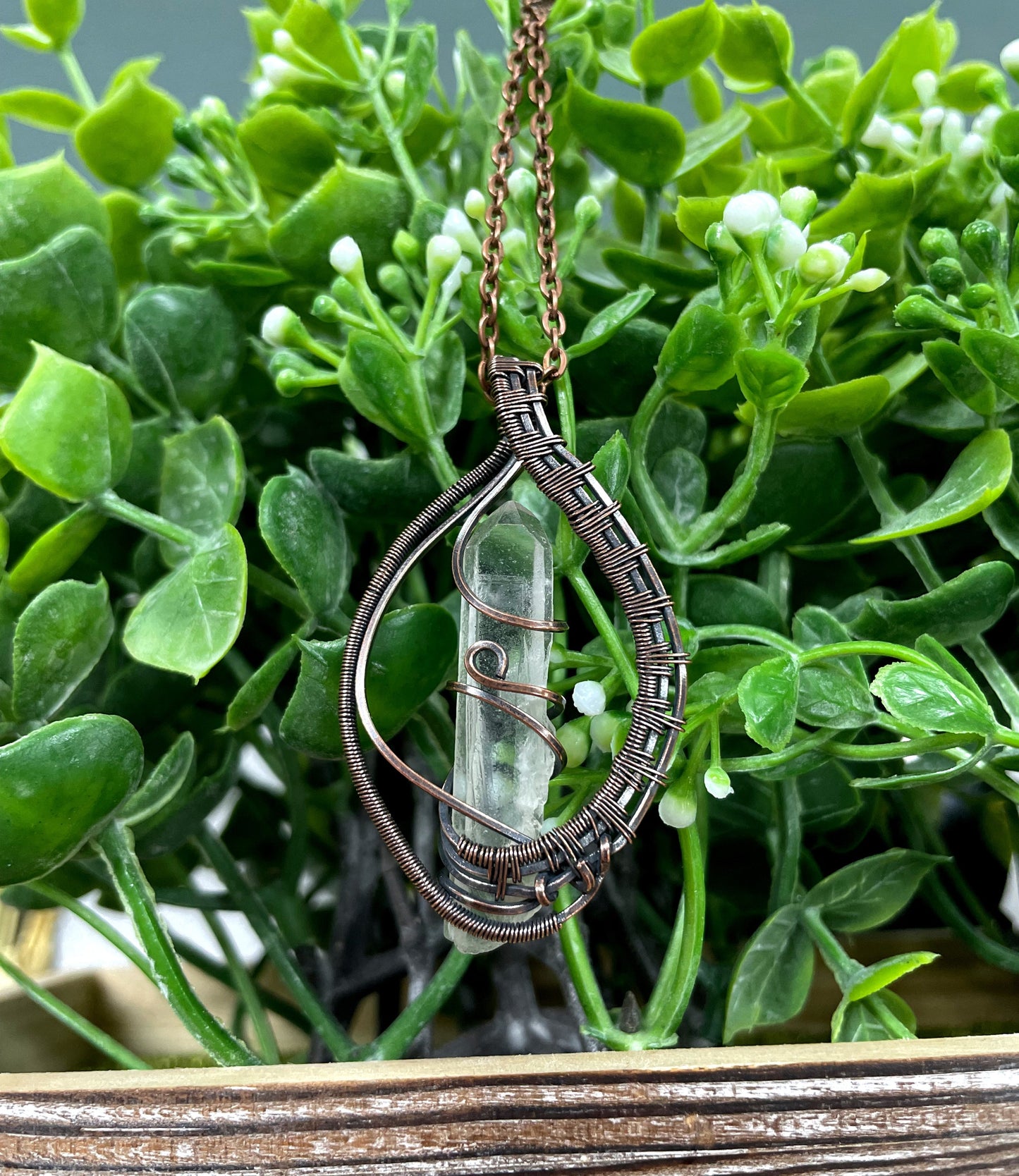 Wire Wrapped Quartz Crystal Gemstone Pendant, Woven Frame Candle