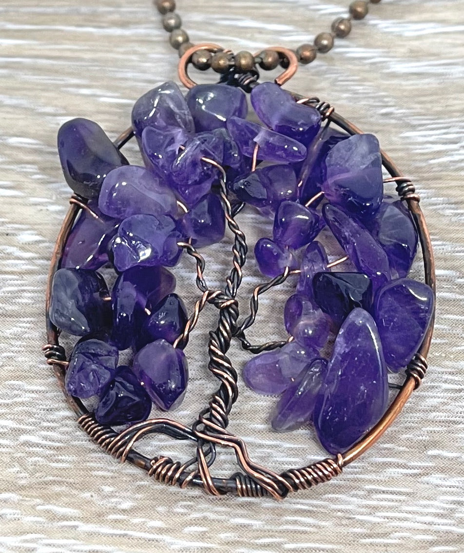 Wire Wrapped Tree of Life Pendant with Amethyst Gemstones