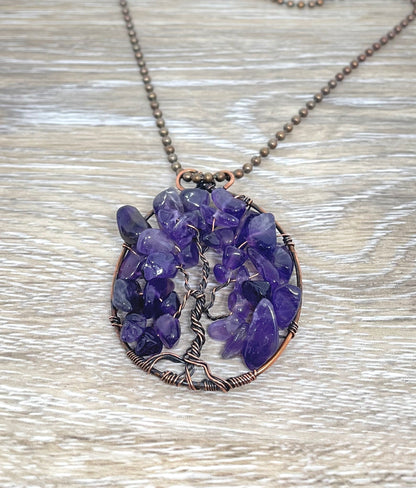 Wire Wrapped Tree of Life Pendant with Amethyst Gemstones