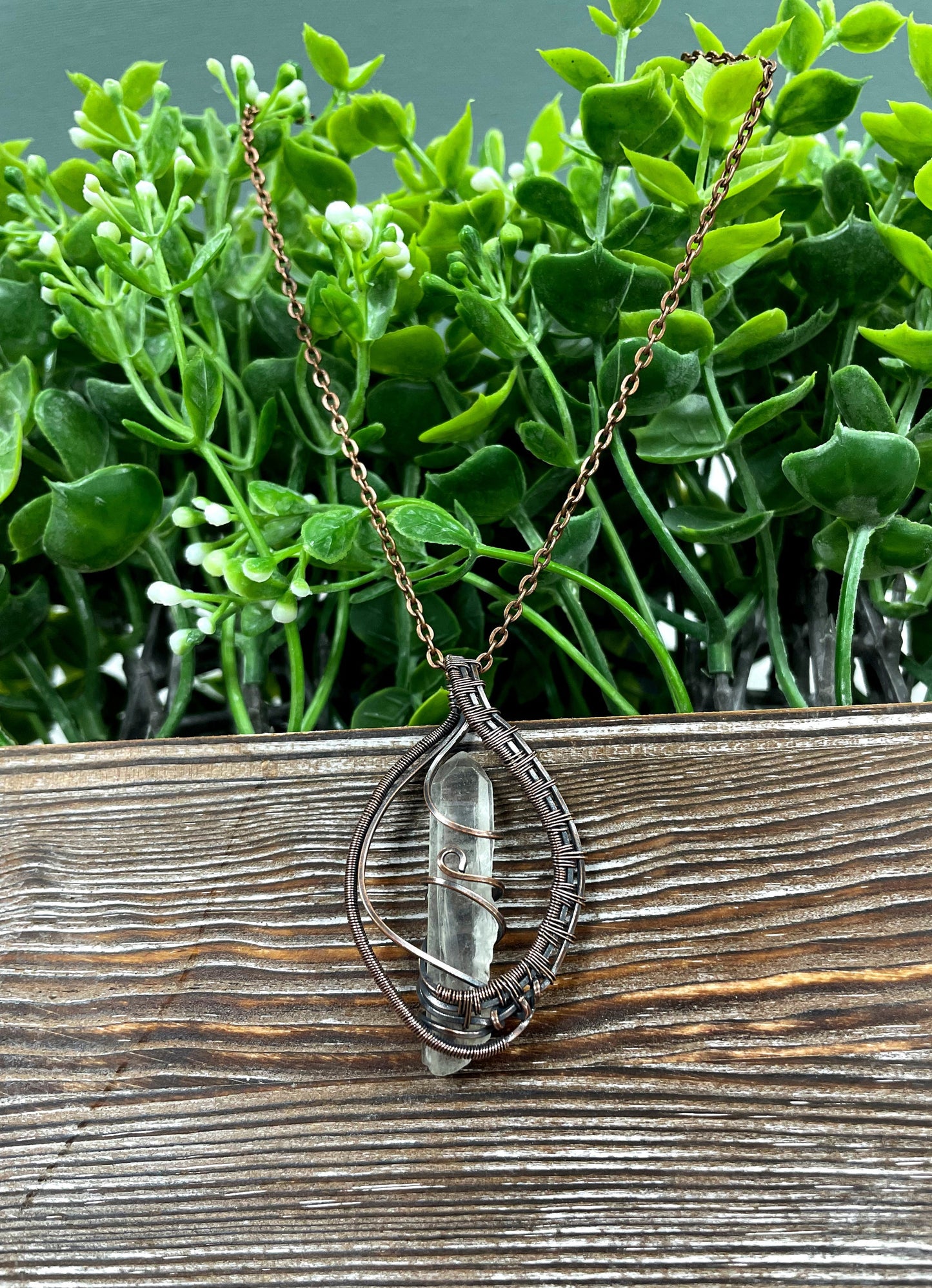 Wire Wrapped Quartz Crystal Gemstone Pendant, Woven Frame Candle