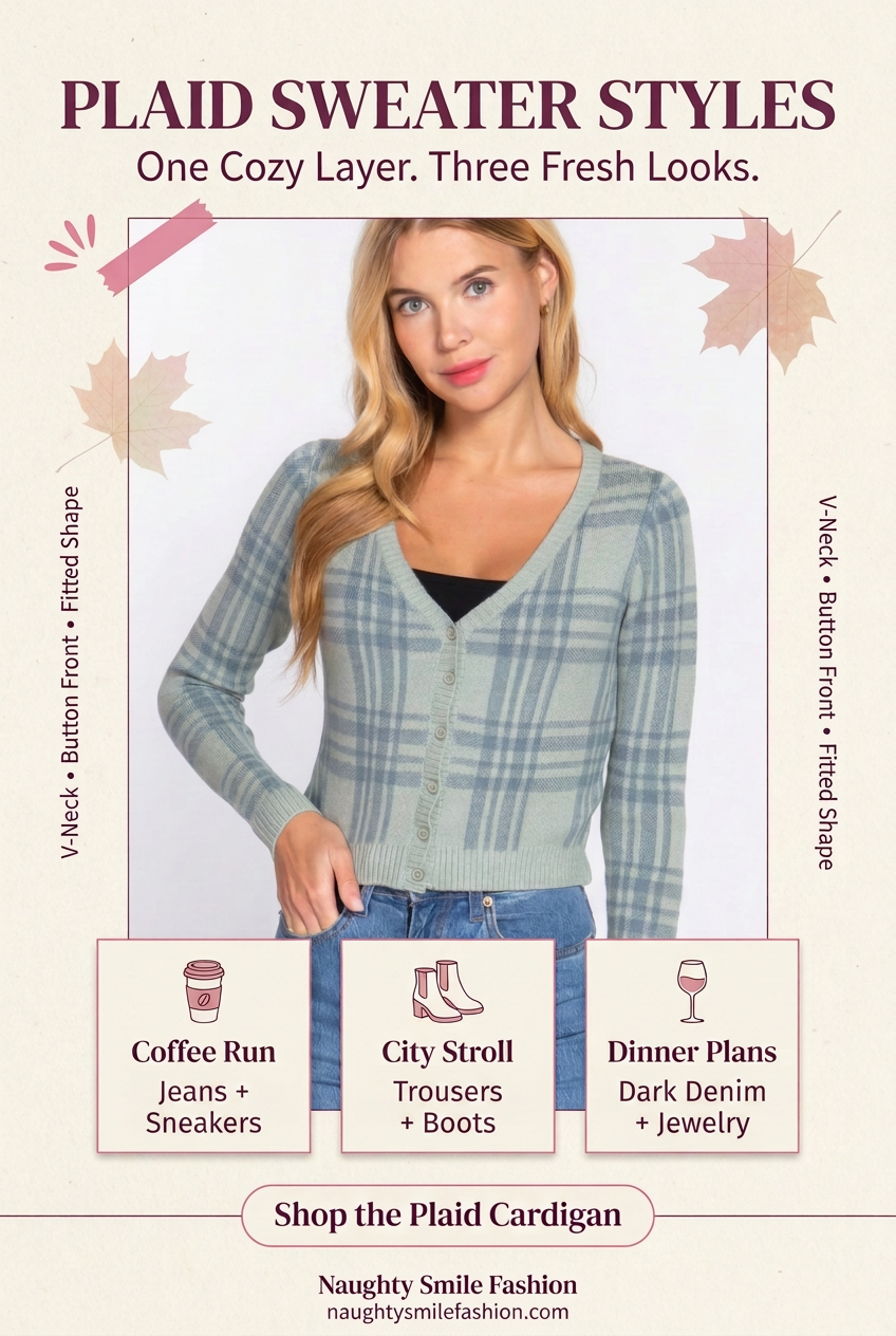 Long Sleeve V-neck Fitted Button Down Plaid Sweater Cardigan
