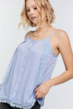 Boho Scallop Lace Trim Detailed Button Down Solid Subtle Textured Slit Side Overlay Layered Cami Top