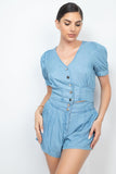 Button-front Denim Top And Shorts Set