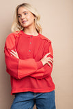 Waffle Knit And Fleece Contrast Henley Top With Button Front