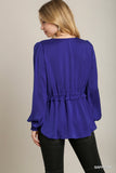 Satin V-neck Ruffle Baby Doll Top With Cuffed Long Sleeve