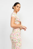 Front Knot Floral Top & Ruched Skirts Set