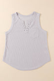 Gray Notched Neck Eyelet Thermal Knit Tank