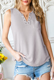 Gray Notched Neck Eyelet Thermal Knit Tank