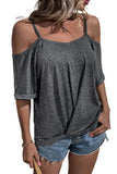 Gray Spaghetti Straps Off-shoulder Pleated Short Sleeve Top