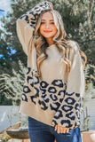 Khaki Leopard Patchwork Knitted Puff Sleeve Sweater