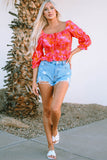 Orange Floral Puff Half Sleeve Square Neck Smock Peplum Blouse