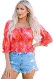 Orange Floral Puff Half Sleeve Square Neck Smock Peplum Blouse