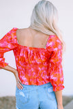 Orange Floral Puff Half Sleeve Square Neck Smock Peplum Blouse