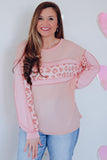 Pink Leopard Patchwork Exposed Seam Waffle Knit Top